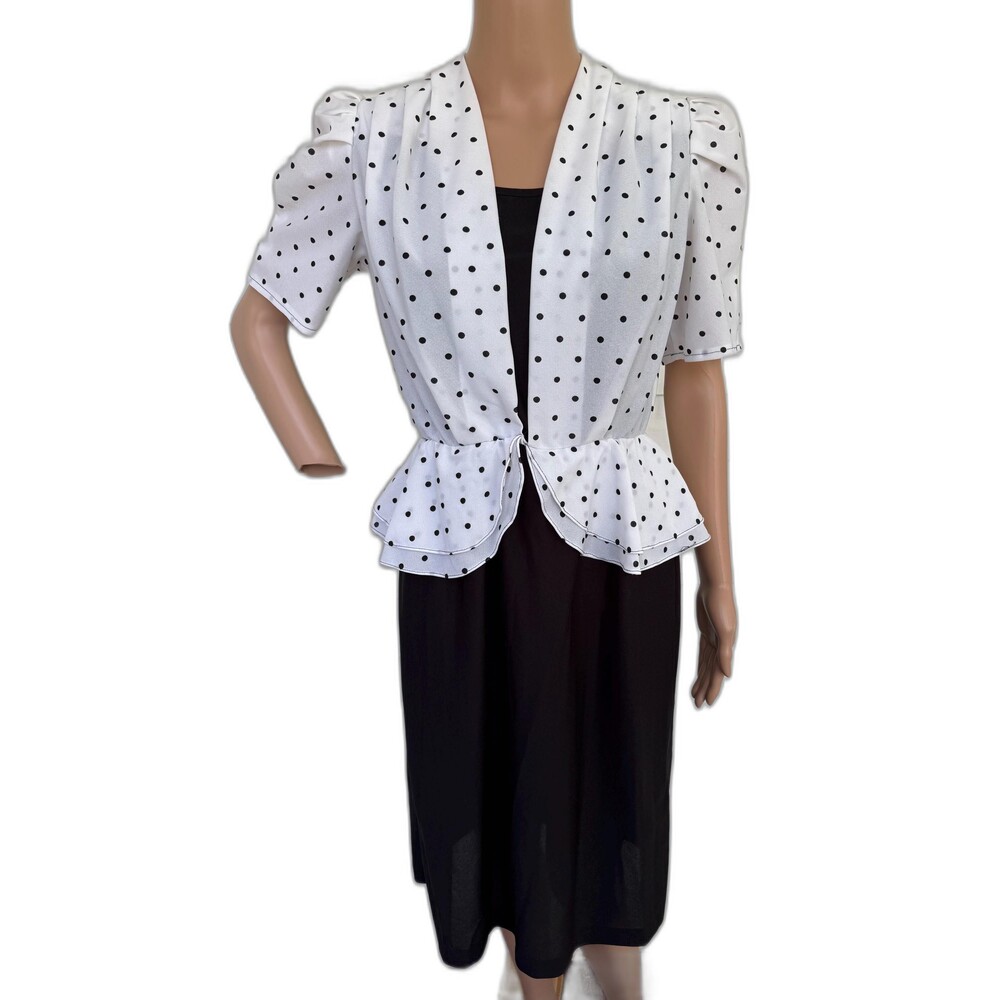 80s Polka Dot Peplum Dress Black White Sheer XS S - Picture 7 of 10